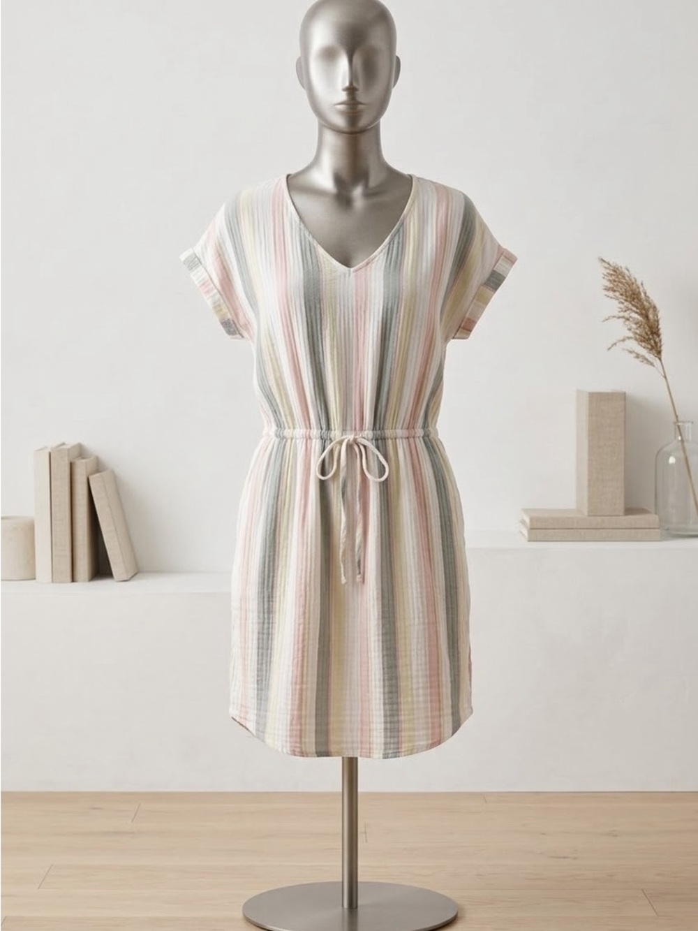 Women’s Pastel Multi-Stripe Drawstring Swim Cover-Up